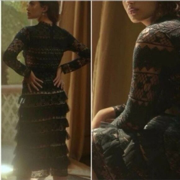 NWT Anthropologie Forever That Girl Black Lace Ruffle Long Sleeve Midi Dress XS